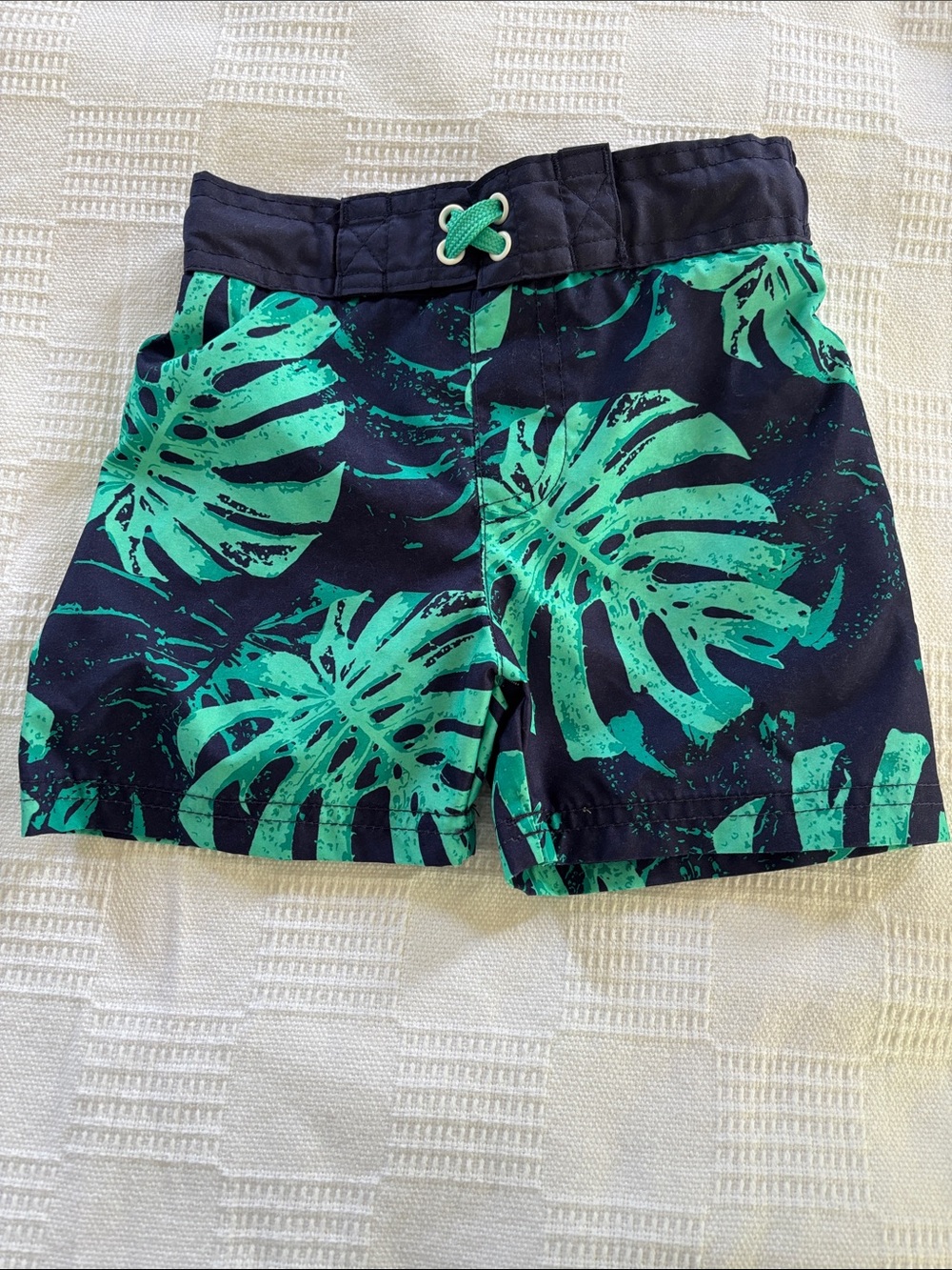 Kids Tropical Leaf Swim Shorts - Green on Navy